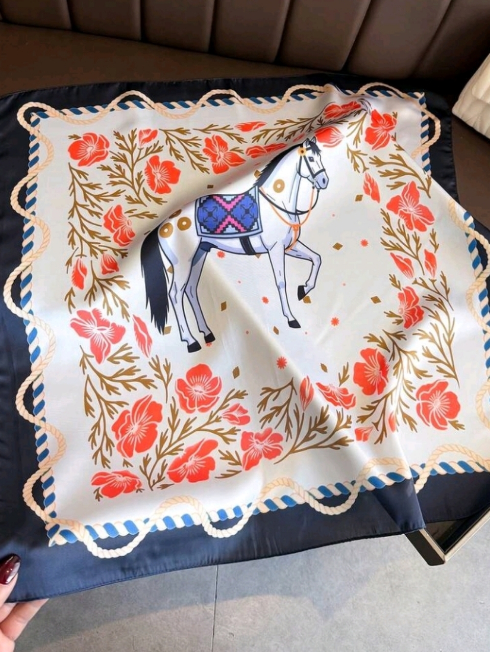 Equestrian Floral Satin Scarf in Navy, Coral White Summer Vacation Travel Horse